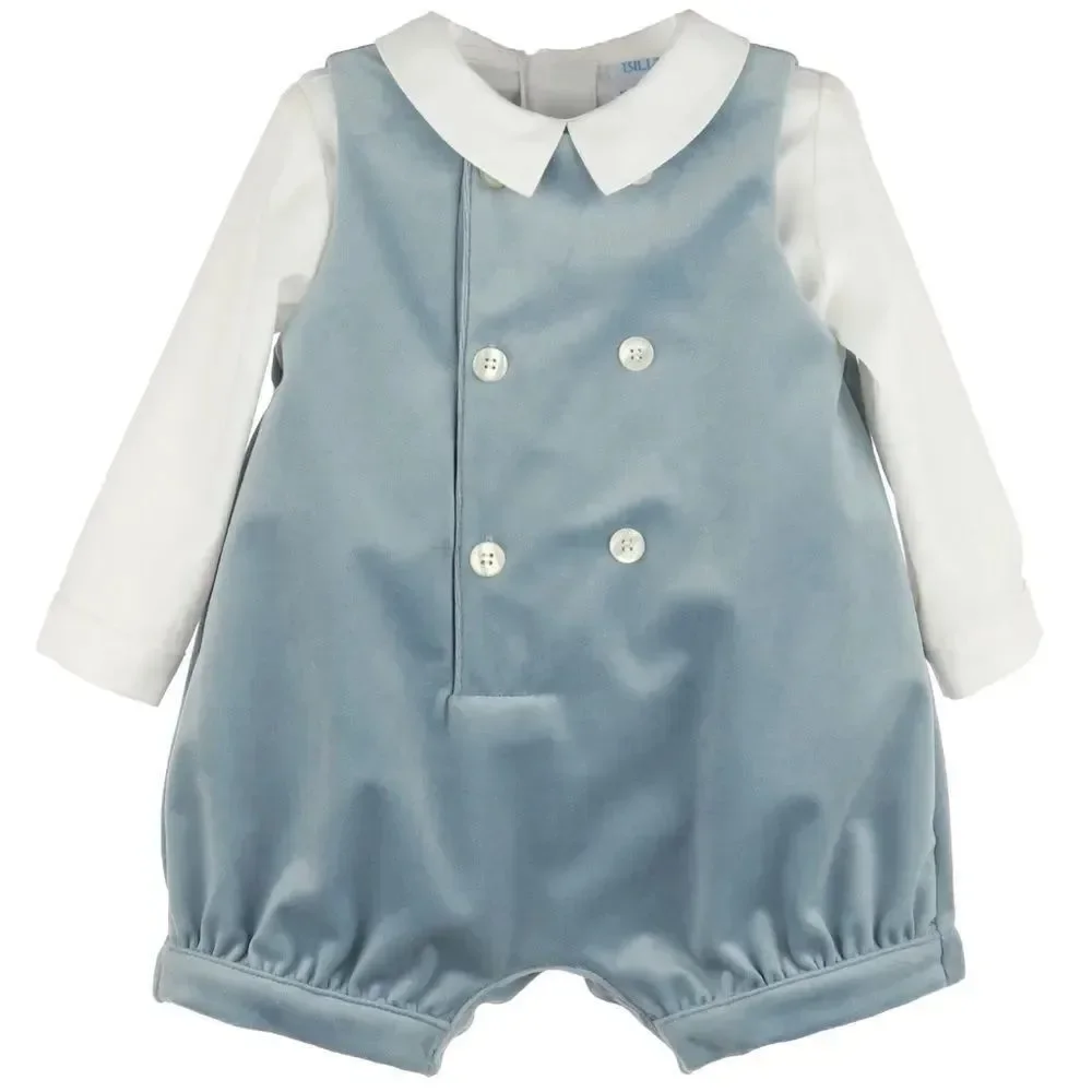 New Luli and Me Boys Blue Deluxe Velvet Romper size multiples